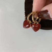 Korean Fashion Wine Red Love Heart Dangle Earrings for Women Girls Gold Color Circle Vintage Peach Drop Earring Can Be Separated