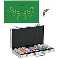 Pokerio rinkinys su 300 žetonų, 2 kortų kaladėmis, 5 kauliukais, dealer blind mygtukais, sidabrinis