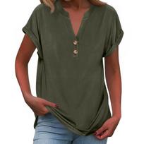 Women's Fashionable Casual Loose-Fit Short-Sleeved Button-Up V-Neck -Colour T-Shirt Top L armijos žalia spalva