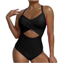 Women's One-piece Bikini Fashion Colour Block Ruffles Sexy Hollow Out Cross Swimsuit XL juoda
