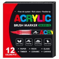 Akriliniai teptukiniai markeriai, 12 spalvų rinkinys, piešimui ir DIY, Įvairių spalvų