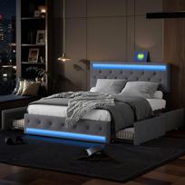 Dvigulė lova 160 x 200 cm, apmušta lova su LED apšvietimu, USB jungtimi ir 4 stalčiais, paaugliams ir suaugusiems, pilka patalynė, čiužinys neįskaičiuotas