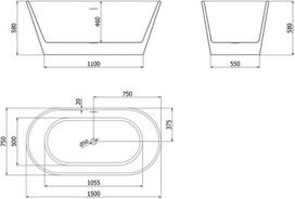 Mexen Flavia laisvai pastatoma vonia 150 x 75 cm, balta/juoda, baltas ištekėjimas - 54031507575-20, 150 x 75 cm