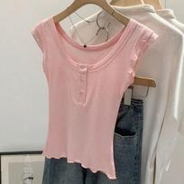 Dopamine Pink Crew Neck Small Fly Sleeve Short Sleeve T-Shirt Women's Summer New Korean Design Slim Skinny Top S rožinė
