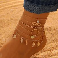 6pcs Set Bohemia Retro Turquoise Gold Color Small Sequined Tassels Multi-layer Ankle Chain for Women Trendy Charm Beach Jewelry