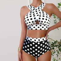 Moteriški maudymosi kostiumėliai Tankini 2 dalių maudymosi kostiumėlis Baltas Gražus taškučių raštas Atostogų maudymosi kostiumėliai S balta