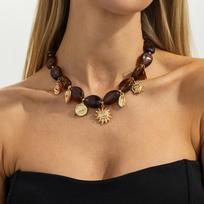 Retro Luxury Sun Heart Multi Tassel Pendant Tiger-eye Stone Resin Beaded Necklace for Women Fashion Collar Chain Jewelry Gifts