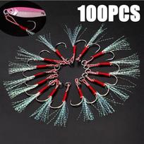 Slow Jigging Lures With Assist Hooks Barbed Single High Carbon Steel Feathered Jigs 20 Or 100 Pcs (as the picture,8)