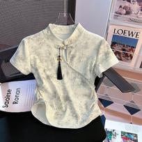 New Chinese style disc buckle tie-dye irregular slim-fit short-sleeved T-shirt women's summer new short versatile clothes M [recommended 40-50kg ] balta