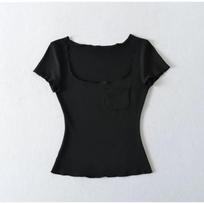 American Spice Girl Pocket Square Neck Short Sleeve T-Shirt Women's, Summer New Solid Color Fungus Edge Slim Bottom Top S juoda
