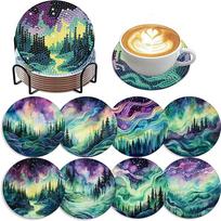 8 Pieces/set of Diamond Painted Aurora Patterned Coasters, DIY Coasters with Holder, Suitable for Beginners and Adults, Art and Craft Supplies Gifts 8PCS/Set