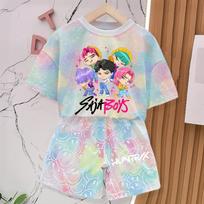 Kpop Demon Slayer Reunion Cartoon 3D Digital Print T-Shirt Boys and Girls Summer Top and Pants Two-Piece Set 100cm