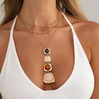 3pcs Set Bohemia Gradient Resin Gemstone Square Hammer-pattern Pendant Layered Necklace Tassel for Women Beach Stackable Jewelry auksas