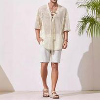 New Men's Mesh Chest Strap Medium Sleeve T-shirt Shirt M abrikosas