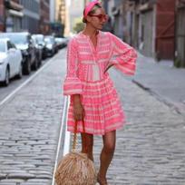 Moteriška vasarinė paplūdimio šifono suknelė Laisvalaikio ilgomis rankovėmis taškuota suknelė Boho mini suknelė vakarėliui Elegantiška V formos kaklo vasarinė suknelė S rožinė