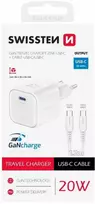 SWISSTEN Tinklo adapteris GaN USB-C + duomenų kabelis USB-C - USB-C 20W 1,2 m baltas