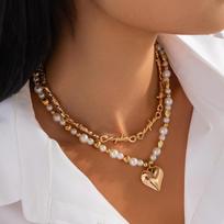 Trendy Temperament Double-layer Imitation Pearl Heart-shaped Pendant Metal Twisted Chain Fold Wear Necklace for Women Jewelry