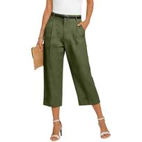Women's Color Casual Fashion Breathable Loose Cotton Linen Seven Quarter Pants L armijos žalia spalva