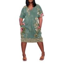 Summer Plus Size V Neck Short Sleeve Knee Pocket Print Casual Dress For Women L armijos žalia spalva