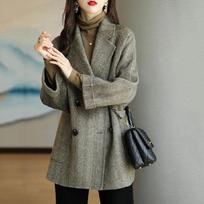 2025 Autumn/Winter Petite Herringbone Woollen Coat - Stylish Slimming Mid-Length for Women 2XL ruda