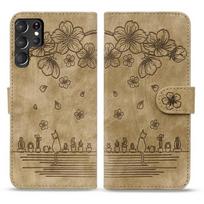 S22 Ultra telefono piniginės dėklas, skirtas Samsung Galaxy S22 Ultra S21 Plus S20 Fe 5g dėklai Mieli katės gėlių magnetiniai atverčiami dangteliai Samsung S22 Plus raudonai ruda