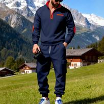 Vyriškas žieminis flisinis kelių kišenių užtrauktuku užsegamas džemperis, 2 dalių komplektas, personalizuotos sportinės kelnės XXXL tamsiai mėlyna