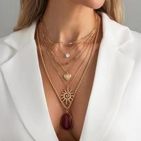 6pcs Set Bohemia Retro Sunflower Heart Red Gemstone Zircon Pendant Necklace for Women Multi-layered Accessory Party Jewelry Gift