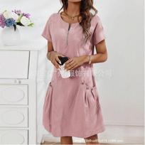 Women Short Sleeve Zip Front A Line Dress Casual Solid Color Summer Dress with Pockets S rožinė