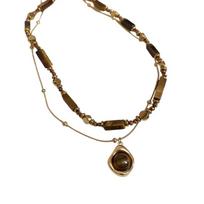 Vintage Inspire Necklace Decoration for Women with Tigers Eye Stone Pendant and Double Layer Chain Stylish Outfits 1