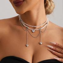 2pcs Set Charm Crystal Pearl Beaded Heart Long Tassel Pendant Necklace for Women Personality Double Layer Collar Party Jewelry