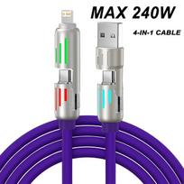 4-in-1 240W USB Type C Silicone Fast Charging Cable, For iPhone Huawei Samsung Xiaomi Durable Type-C To USB A Cable 1m violetinė