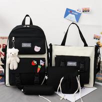 4 vnt rinkiniai Violetinė Spalva Vaikiška mokyklinė kuprinė Kawaii Moteriška kuprinė Knygų krepšys Mokykliniai krepšiai Paauglėms Merginoms Mochila One size juoda