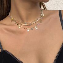 3pcs Set Sweet Romantic Colorful Imitation Crystal Heart Shape Star Moon Tassel Multi-layered Necklace for Women Jewelry Sets