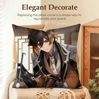 Zhongli Genshin Impact Cute Cushion Cover Natural Linen Organic Fabric Double-Sided Printing Sofa Home Decor Gift Pillow Case Peach skin 18*18(CM)-1Pcs