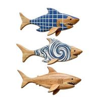 3 Pcs Wood Shark Wall Art, Rustic Shark Ocean Fish Sculpture, Nautical Sea Creature Wall Hanging Decor for Lake House, Bathroom, Home Decor 3pcs