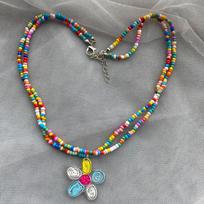 Bohemia Style Colorful Beads Necklace Butterfly Flower Pendant Necklace Girls Cute Double Layer Beaded Clavicle Chain Jewelry 40cm