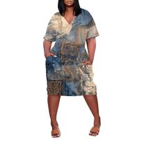 Summer Plus Size V Neck Short Sleeve Knee Pocket  Print Casual Dress For Women XXL