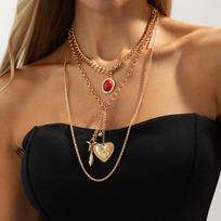 Fashion Hip-hop Awn Star Heart Shape Red Acrylic Imitation Gemstone Pendant Multi-layer Necklace for Women Fold Wear Jewelry