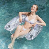 Inflatable U Shaped Water Sofa Pool Float Net Mesh Lounge Sequin Water Hammock with Dual Cup Holders 1pc 130x83.5cm sidabras