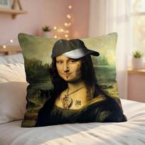 Mona Lisa Interesting Abstract Cushion Cover Silky Short Plush Invisible Zipper Dustproof Sofa Pillow Case For Home Decor Peach skin 18*18(CM)-1Pcs