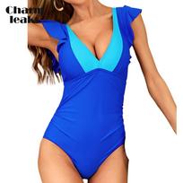 Charmleaks Sexy V Neck Contrasting Ruffles One Piece Swimwear for Women Double Straps Bath Suit Monkini S mėlyna