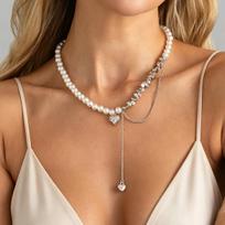 Fashion Sweet Pink Heart Crystal Pendant Imitation Pearl Irregular Stone Beaded Tassel Collar Necklace for Women Party Jewelry