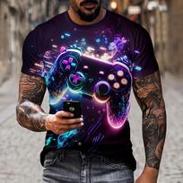 Men's Artistic Color Entertainment Game Controller Pattern Line Splicing T-shirt 3D Printing Casual Short Sleeved Fashionable Streetwear 5XL