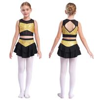 Girls Shiny Sequins Ballet Dance Tutu Outfits Crop Top with Tiered Tutu Skirt for Cheerleading Jazz Street Dance Performance Set 5-6 Years auksas