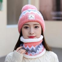 Winter Hat and Bib Two-piece Knitted Hat rožinė