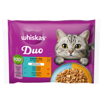 Konservuotas kačių ėdalas WHISKAS Pouch Tasty Duo, su žuvimi ir mėsa, 4 x 85 g