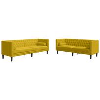 2 Piece Chesterfield Sofa Set with Neck Pillows Yellow Velvet