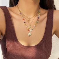 3pcs Set Bohemia Retro Sliver Color Stars Sun Moon Pendant Irregular Purple Crystal Bead Multi-layer Necklace for Women Jewelry