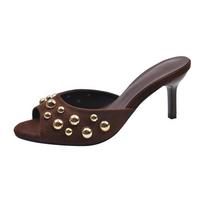 Fashion New riveted open-toe flip-flops for women with thin heels, sexy and elegant high-heeled one-shoulder flip-flops for summer wear 35