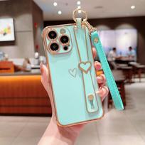 Electroplated Love Heart for IPhone16 Promax Wristband Holder for Apple 15 Simple Protective Case with Lanyard For iPhone16